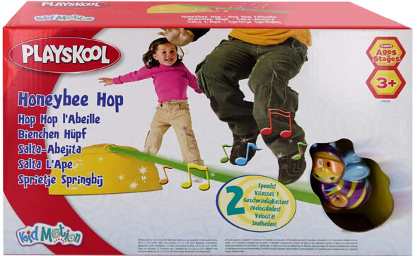 Boîte Playskool Honeybee Hop avec photo d’enfants sautant et abeille, logo Kid Motion et badge 2 vitesses