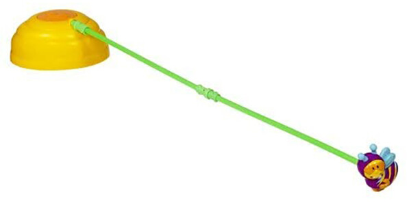 Jouet bébé Playskool avec base jaune, tige verte flexible et abeille colorée à ailes bleues sur fond blanc