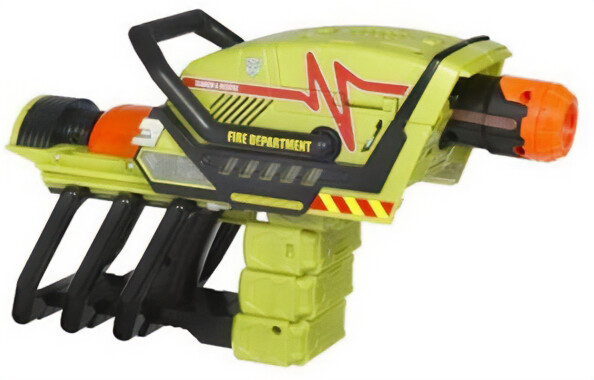 Blaster Transformers vert citron et noir, embout orange, texte Fire Department jaune