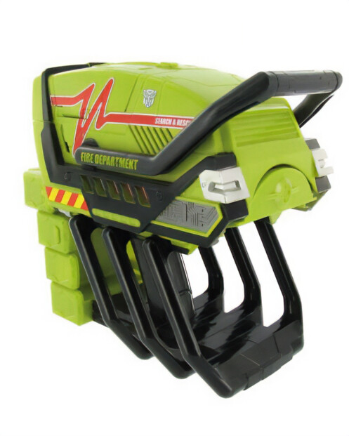 Jouet Transformers vert lime, motif rouge zigzag, logo Autobot argenté