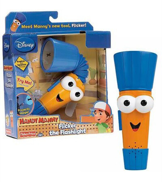 Lampe de poche jouet Flicker debout de face, corps orange avec yeux et tête bleue rayée