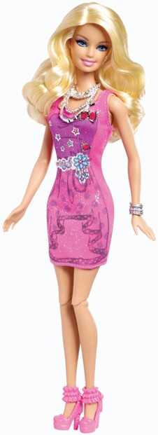 Poupée de collection Barbie en robe rose à nœud et collier argenté