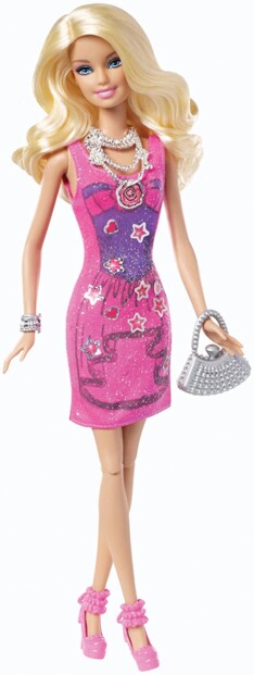 Jeu de mode Barbie en robe pailletée avec sac argenté et motifs étoilés