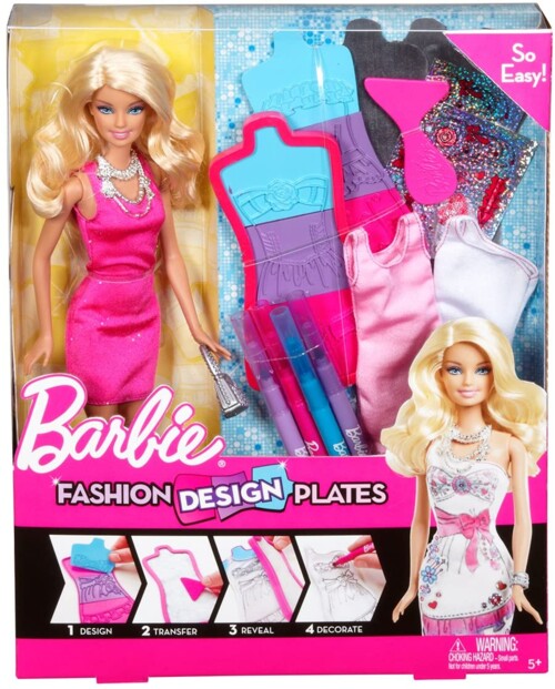 Coffret jeu Barbie Fashion Design Plates, packaging avec instructions et poupée en robe rose