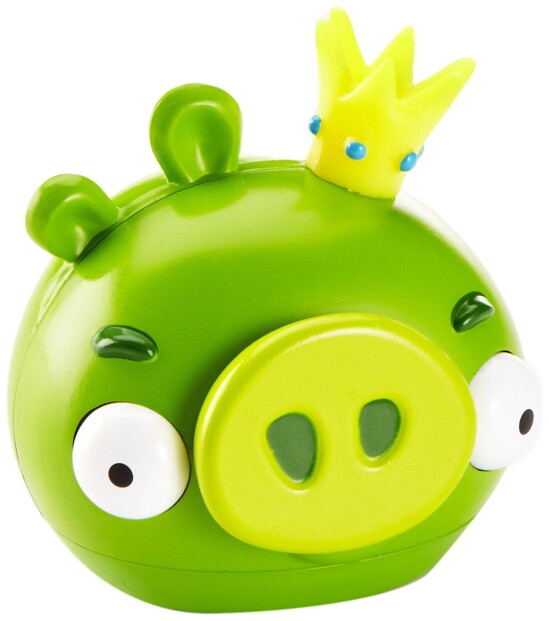 Roi Cochon Angry Birds en gros plan, couronne à joyaux bleus et regard expressif