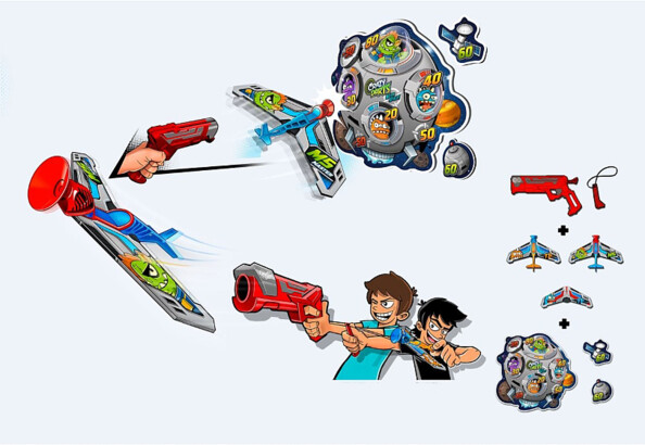 Vue éclatée du jeu Sky Challenger Attack avec pistolet rouge, trois avions et cible circulaire à points