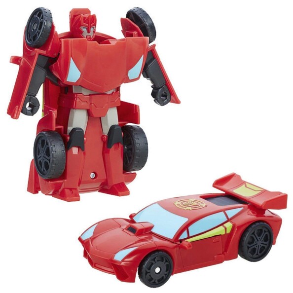 Figurine Transformers rouge en deux modes, robot et voiture sport, logo Autobot doré