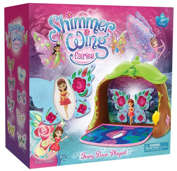 Coffret Shimmer Wing Fairies de Goliath en emballage rose et violet avec fée visible dans la fenêtre