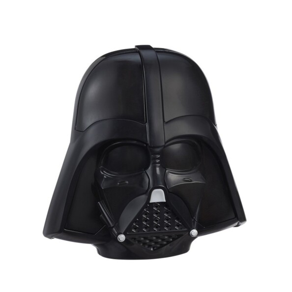 Casque Dark Vador en plastique noir brillant, vue de face isolée avec grille frontale