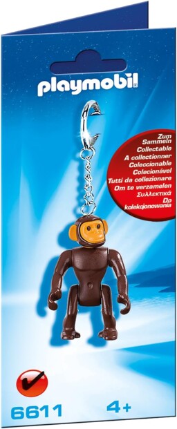 Porte-clés figurine singe marron avec visage beige, chaîne métallique et emballage bleu Playmobil