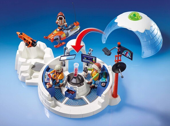 Coffret QG des explorateurs polaires 9055, vue éclatée des pièces avec igloo et figurines