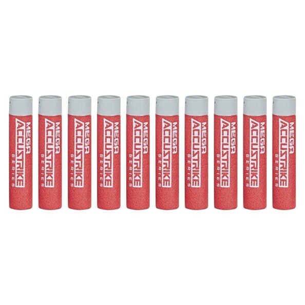 10 fléchettes souples en plastique et mousse coloris rouge et gris avec inscriptiion Mega ACCUSTRIKE Series blanche sur les fléchettes