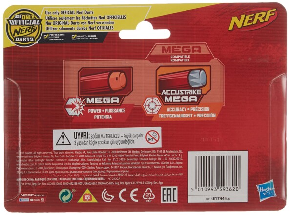 Verso de l'emballage de 10 fléchettes en mousse précises et puissantes compatibles avec les blasters nerf Mega et Accustrike Mega