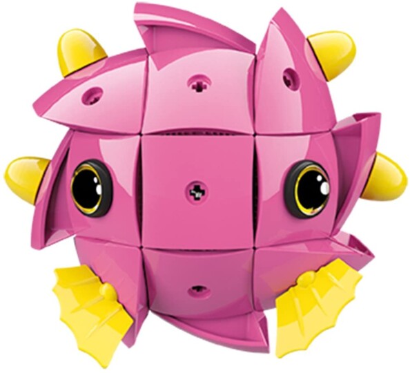 Jouet à construire Kor Tazoo Dina, figurine rose assemblée vue de face avec yeux jaunes