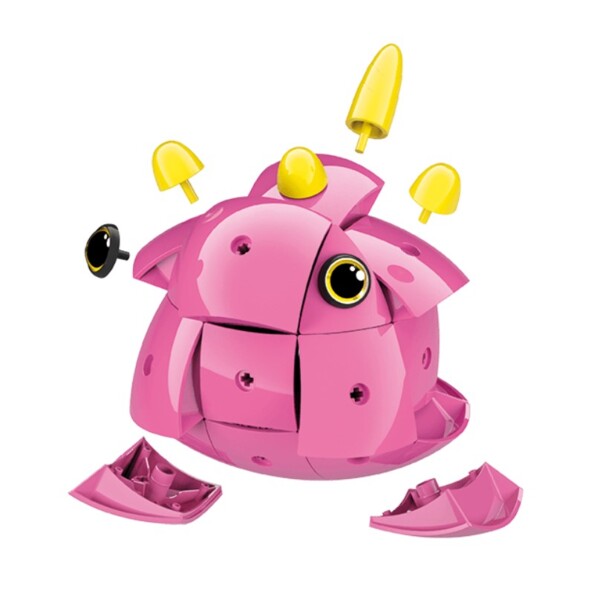 Jeu de construction Kor Tazoo Dina par Geomag, vue éclatée du jouet rose avec cornes jaunes