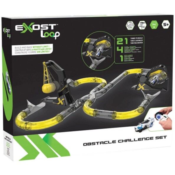 Boîte du jeu Exost Loop Obstacle Set avec circuit jaune, voiture et main tenant la télécommande