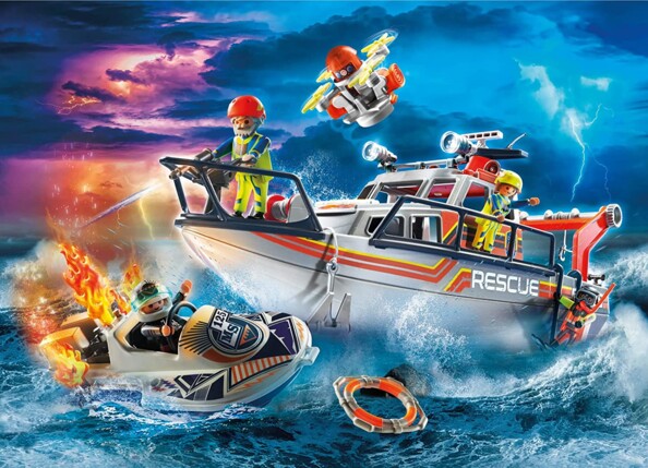 Jeu Playmobil sauvetage maritime en pleine tempête, bateau RESCUE et hors-bord en feu sous les éclairs
