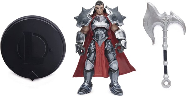Aperçu du contenu complet de l'emballage avec socle rond noir marqué d'un grand L, figurine Darius en armure et hache en accessoire