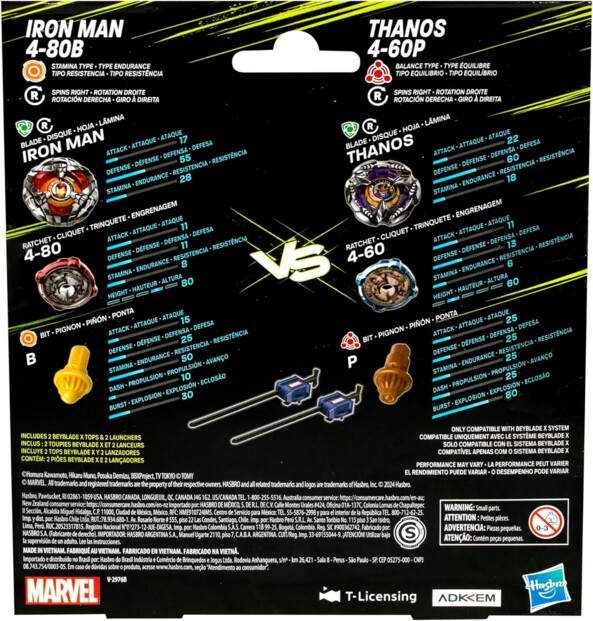 toupies : Iron Man 4-80B (endurance, rotation droite) et Thanos 4-60B (équilibre, rotation droite)
