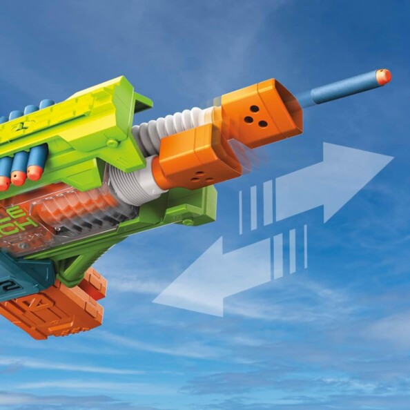 Pistolet à pompe Nerf Elite Double Punch vert et orange, mécanisme de rechargement visible