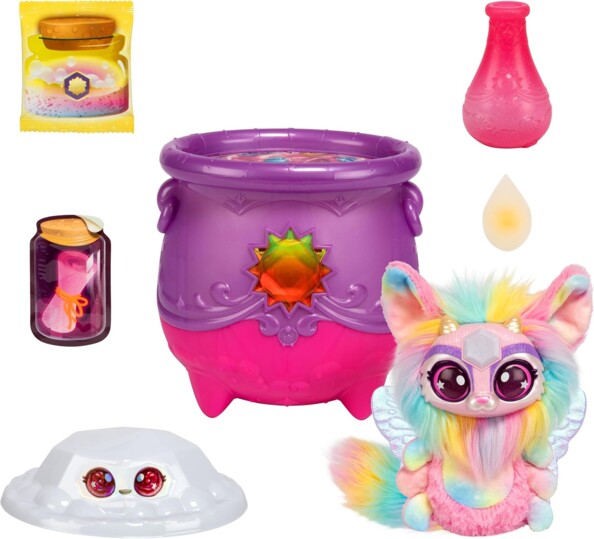 chaudron, peluche Mixie, 1 sachet de poudre pétillante, 1 fiole, 1 parchemin, 1 manuel, 1 bague, 1 boîte à gemme