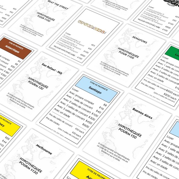 Cartes de jeu Monopoly Metallica, titres de propriété en français en disposition diagonale