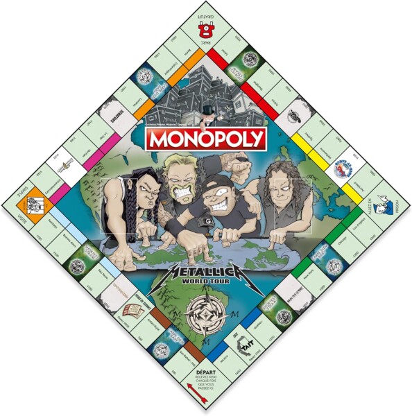 Plateau de jeu Monopoly Metallica World Tour déplié, illustration du groupe au centre