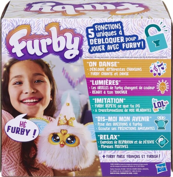 Jouet interactif Hasbro Furby éclat doré, emballage avec fillette souriante