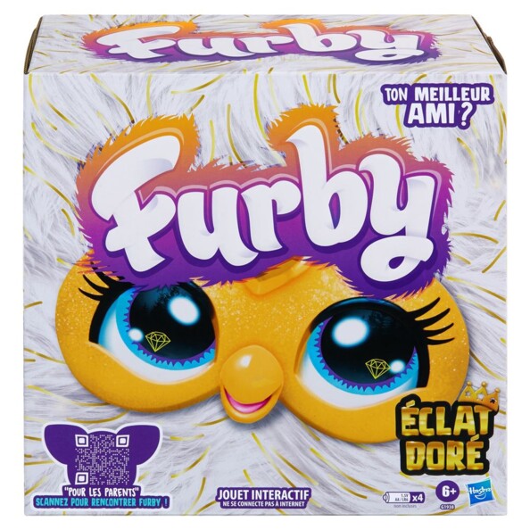 Animal robot Hasbro Furby éclat doré, vue de la boîte de vente au détail
