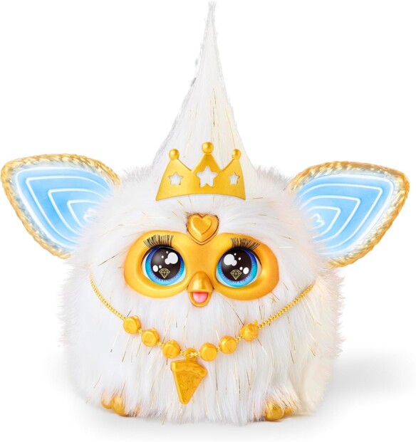 Nounours interactif Furby blanc avec couronne et chaîne dorées style hip-hop