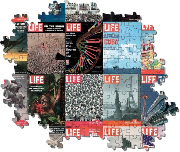 Assemblage en cours des différentes pièces cartonnées du puzzle laissant apparaître les premières images du montage photo des couvertures du journal Life