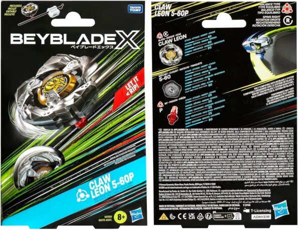 Face avant et arrière de l’emballage cartonné de la toupie Beyblade X Claw Leon 5-60P avec spécifications techniques