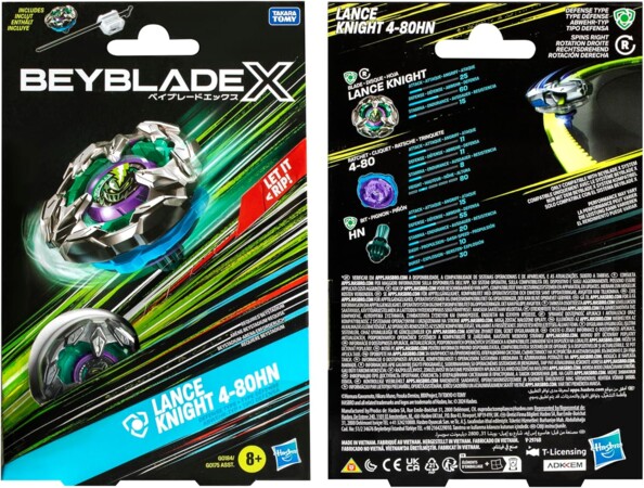 Face avant et arrière de l’emballage cartonné de la toupie Beyblade X Lance Knight 4-80HN avec spécifications techniques
