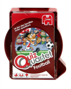 Boîte du jeu Quiz Quartet Football Jumbo avec illustration de joueur de football cartoon