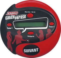 Scrabble rouge et noir de jeu électronique avec écran LCD central, boutons et silhouettes imprimées sur la coque
