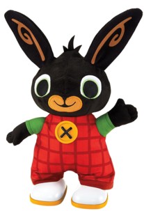 Peluche de lapin noir aux grandes oreilles dressées, salopette rouge à carreaux et bouton jaune