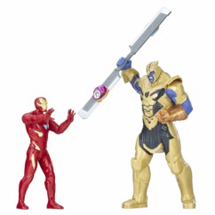 Figurines Iron Man en armure rouge et Thanos en armure dorée face à face, Avengers Infinity War