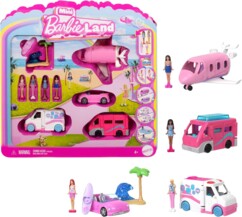 Coffret jouets Mini BarbieLand : emballage blister avec quatre poupées, avion, voiture et camping-car