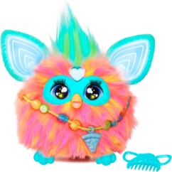 Jouet interactif Furby corail avec oreilles turquoise et collier pizza, crête verte