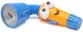 Jouet lampe de poche Flicker orange et bleu couché sur le flanc avec yeux globuleux et bouche souriante