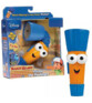 Lampe de poche jouet Flicker debout de face, corps orange avec yeux et tête bleue rayée