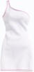 Robe blanche asymétrique Barbie sur mannequin de couture, coutures rose vif
