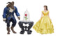 Trois figurines de la Belle et la Bête, personnage en habit bleu, robe de bal jaune et rose enchantée sous cloche