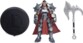 Aperçu du contenu complet de l'emballage avec socle rond noir marqué d'un grand L, figurine Darius en armure et hache en accessoire
