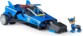 Voiture du super chiot Chase en plastique bleu style dragster avec figurine du chien à quatre pattes en tenue de mission Chase