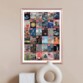 Puzzle terminé et transformé en tableau encadré illustrant les différentes photos des unes du magazine Life accroché sur un mur beige devant des décorations design