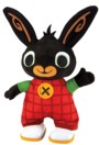 Peluche de lapin noir aux grandes oreilles dressées, salopette rouge à carreaux et bouton jaune
