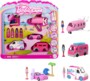 Coffret jouets Mini BarbieLand : emballage blister avec quatre poupées, avion, voiture et camping-car